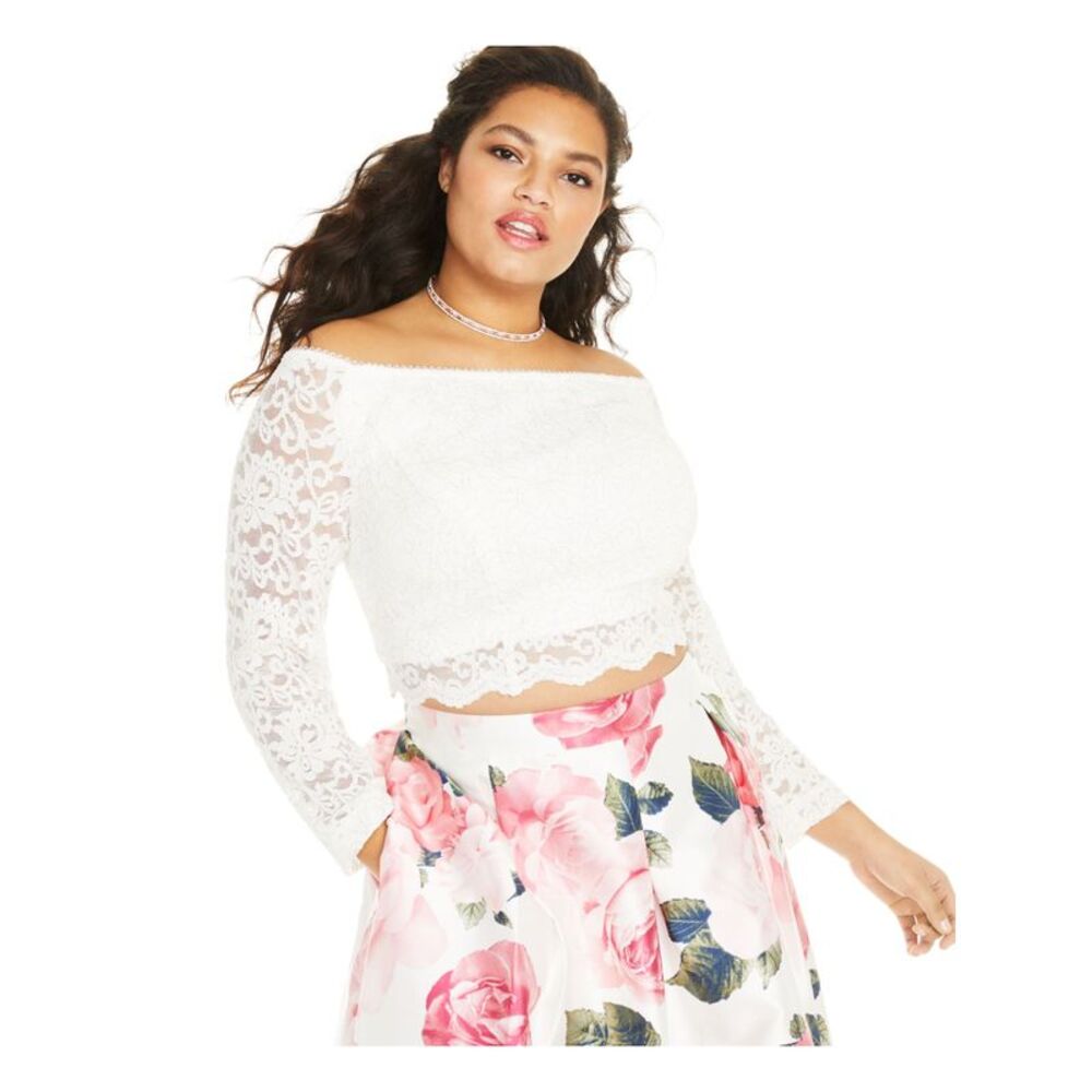 TEEZE ME Womens Crop Top White Lace Long Sleeve Off Shoulder Juniors 20\21 - Picture 3 of 4
